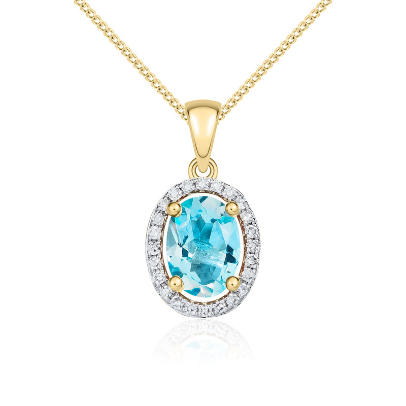 9ct Yellow Gold Oval Natural Swiss Blue Topaz & Diamond Halo Cluster Pendant — 7x5mm