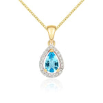 9ct Yellow Gold Pear Natural Swiss Blue Topaz & Diamond Halo Cluster Pendant — 6x4mm