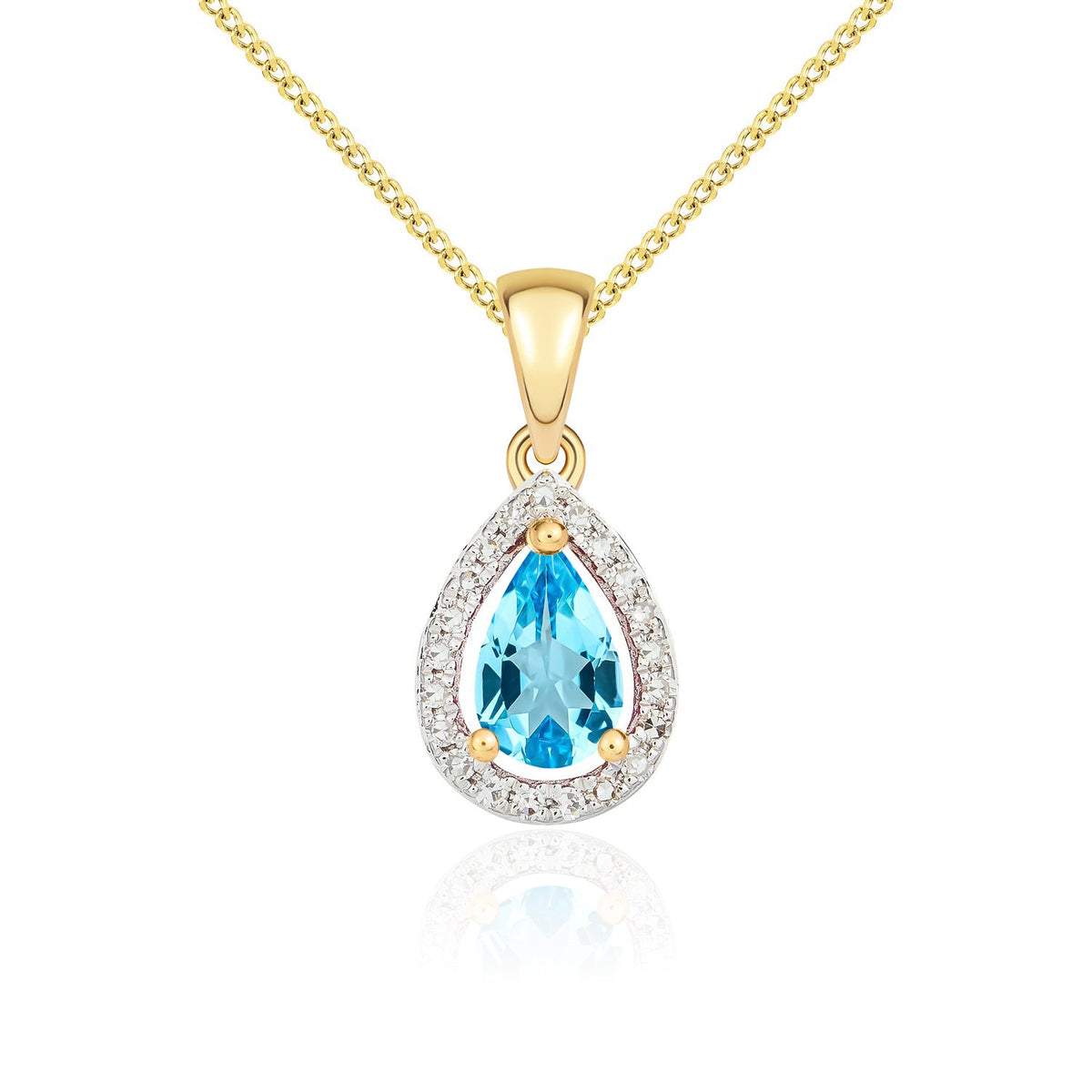 9ct Yellow Gold Pear Natural Swiss Blue Topaz & Diamond Halo Cluster Pendant — 6x4mm
