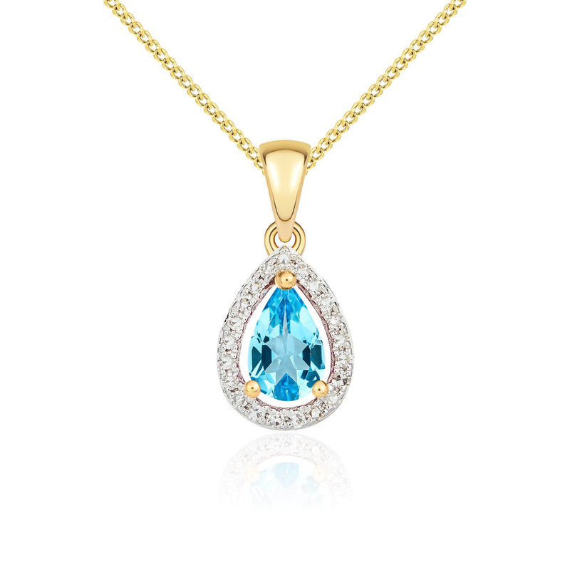 9ct Yellow Gold Pear Natural Swiss Blue Topaz & Diamond Halo Cluster Pendant — 6x4mm
