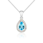 9ct White Gold Pear Natural Swiss Blue Topaz & Diamond Halo Cluster Pendant — 6x4mm