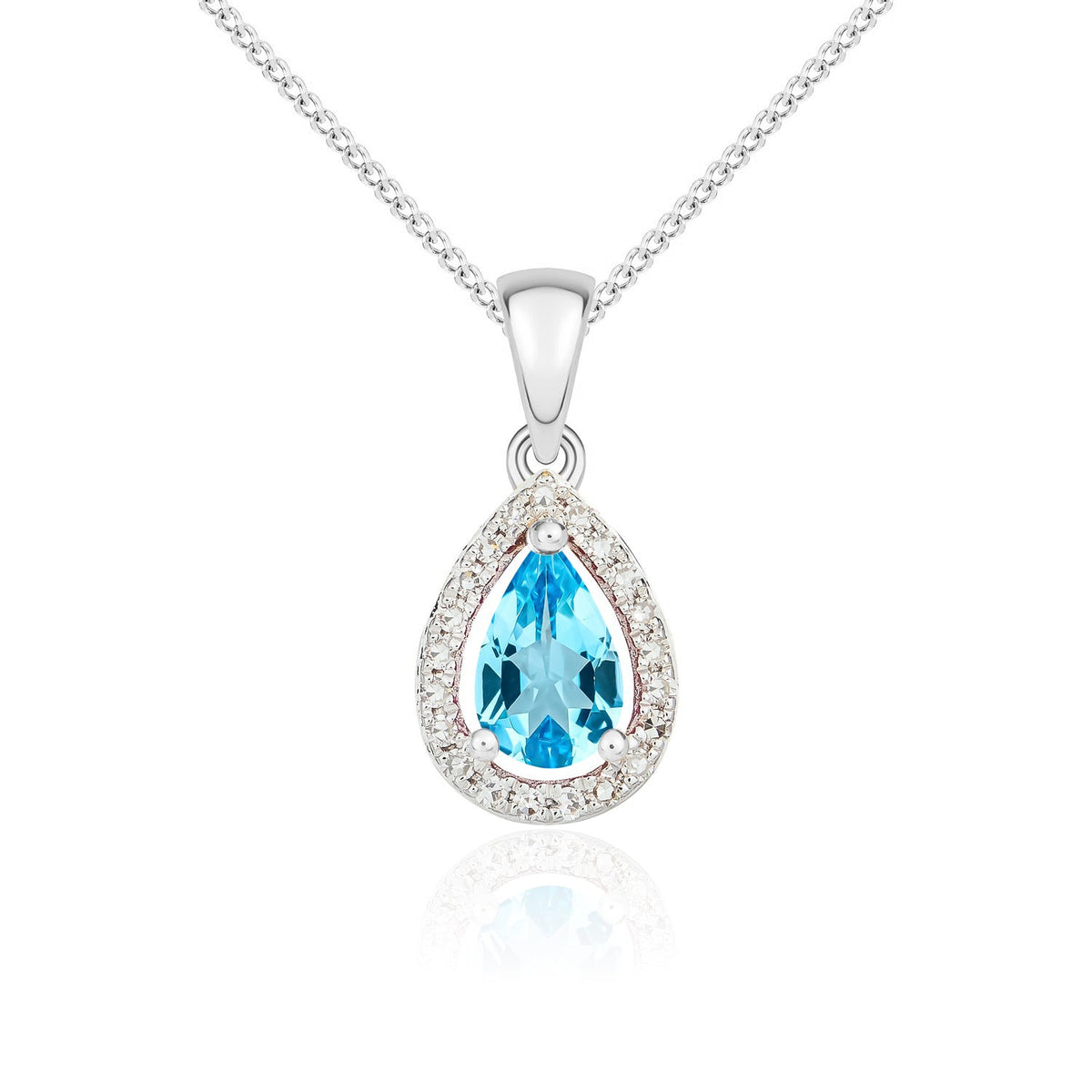 9ct White Gold Pear Natural Swiss Blue Topaz & Diamond Halo Cluster Pendant — 6x4mm