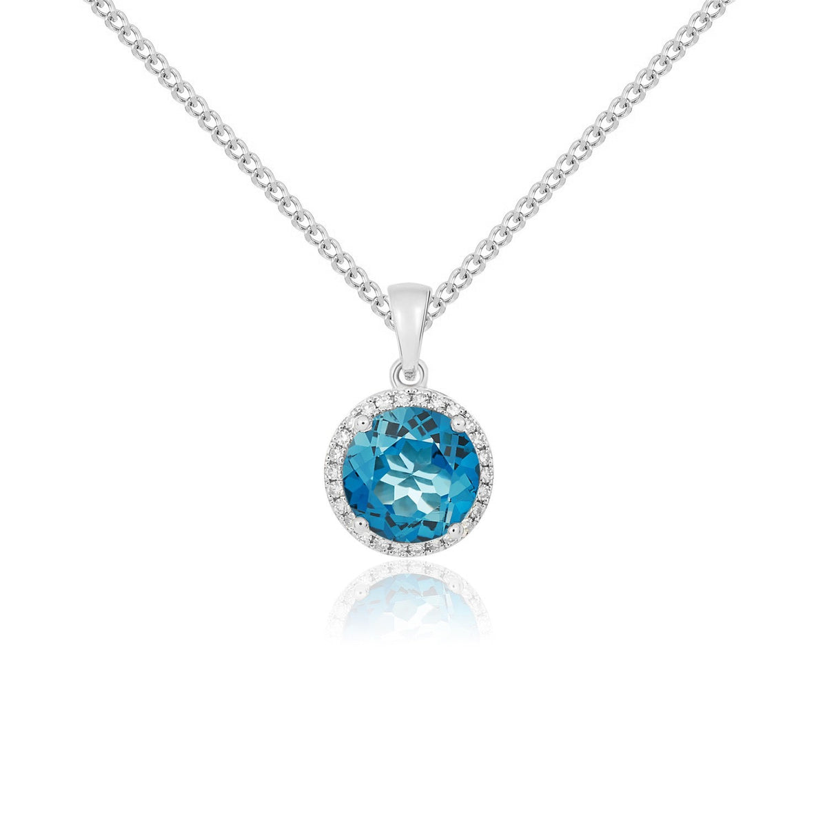 9ct White Gold Round Natural London Blue Topaz & Diamond Claw Cluster Pendant — 8mm