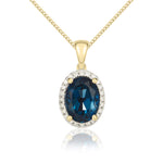 9ct Yellow Gold Oval Natural London Blue Topaz & Diamond Claw Cluster Pendant — 8x6mm