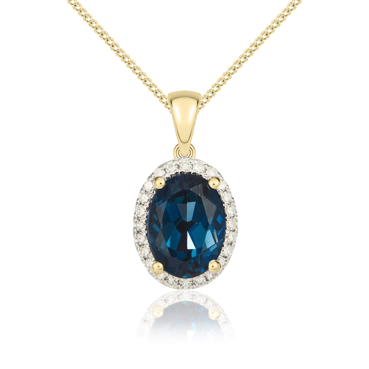 9ct Yellow Gold Oval Natural London Blue Topaz & Diamond Claw Cluster Pendant — 8x6mm