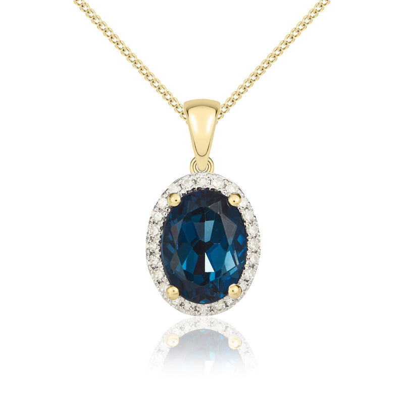9ct Yellow Gold Oval Natural London Blue Topaz & Diamond Claw Cluster Pendant — 8x6mm