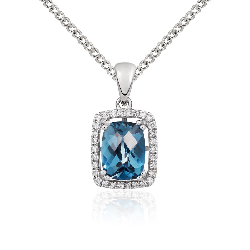 9ct White Gold Cushion Natural London Blue Topaz & Diamond Cluster Pendant — 8x6mm