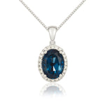 9ct White Gold Oval Natural London Blue Topaz & Diamond Claw Cluster Pendant — 8x6mm