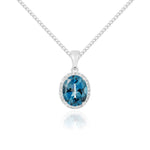 9ct White Gold Oval Natural London Blue Topaz & Diamond Claw Cluster Pendant — 10x8mm