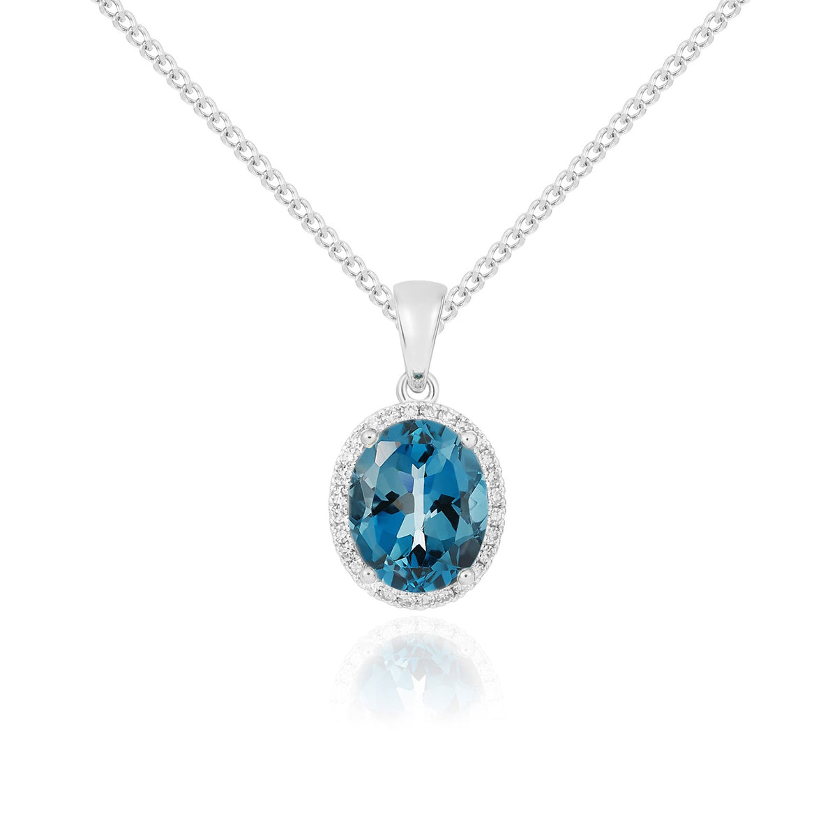 9ct White Gold Oval Natural London Blue Topaz & Diamond Claw Cluster Pendant — 10x8mm