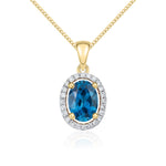9ct Yellow Gold Oval Natural London Blue Topaz & Diamond Halo Cluster Pendant — 7x5mm