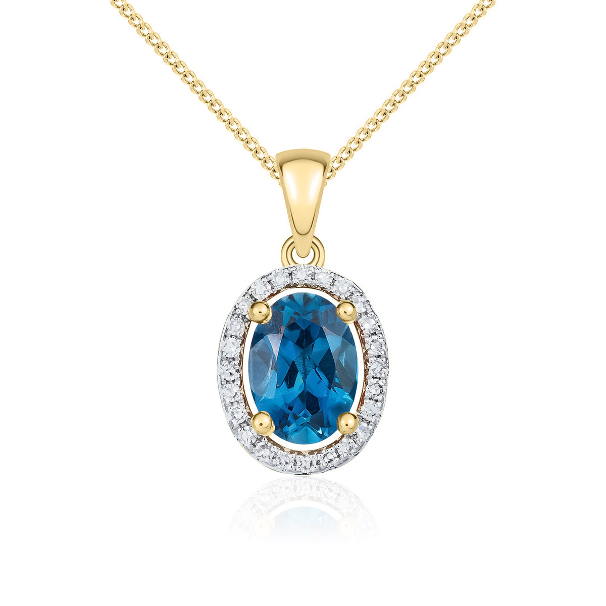 9ct Yellow Gold Oval Natural London Blue Topaz & Diamond Halo Cluster Pendant — 7x5mm
