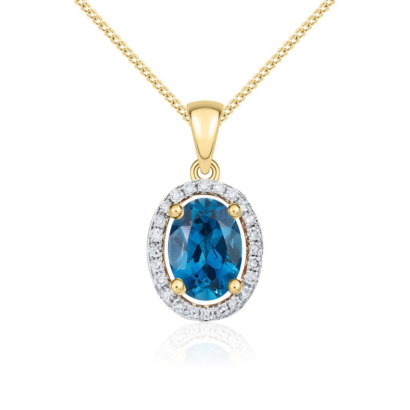 9ct Yellow Gold Oval Natural London Blue Topaz & Diamond Halo Cluster Pendant — 7x5mm