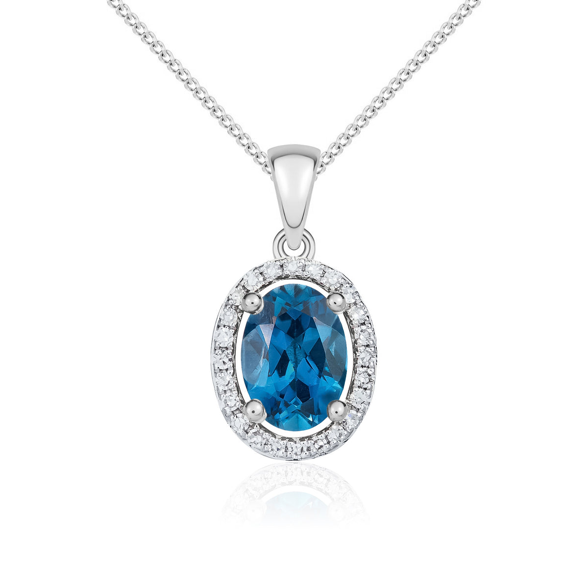 9ct White Gold Oval Natural London Blue Topaz & Diamond Halo Cluster Pendant — 7x5mm