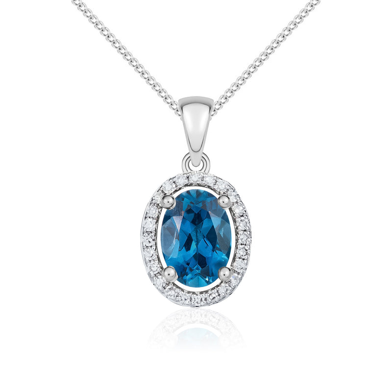 9ct White Gold Oval Natural London Blue Topaz & Diamond Halo Cluster Pendant — 7x5mm