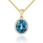 9ct Yellow Gold Oval Natural London Blue Topaz & Diamond Claw Cluster Pendant — 10x8mm