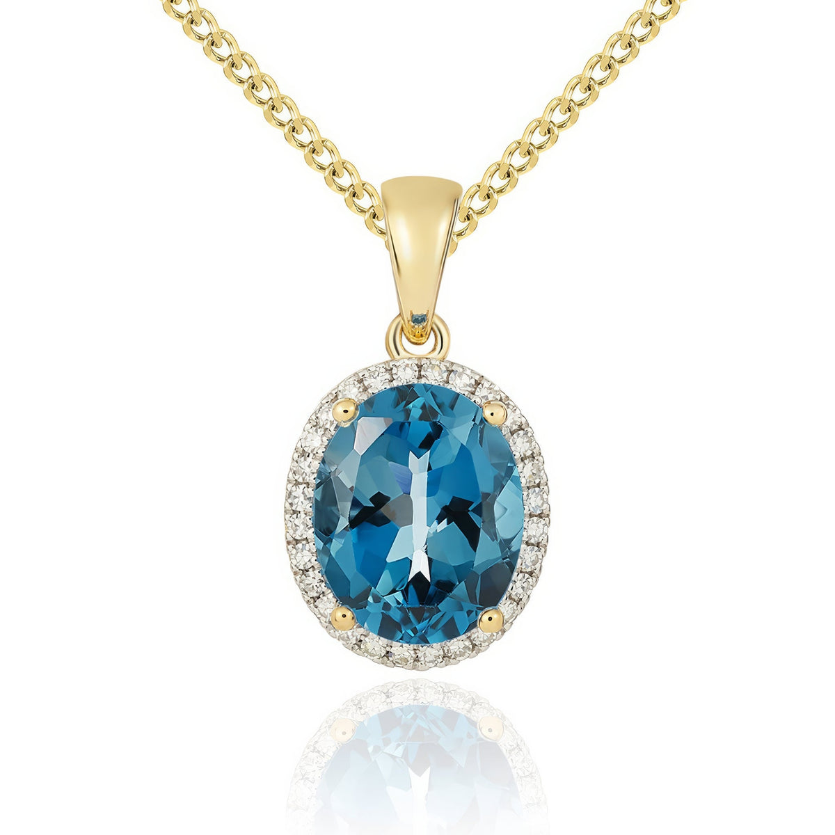 9ct Yellow Gold Oval Natural London Blue Topaz & Diamond Claw Cluster Pendant — 10x8mm