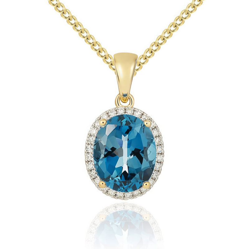 9ct Yellow Gold Oval Natural London Blue Topaz & Diamond Claw Cluster Pendant — 10x8mm