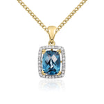 9ct Yellow Gold Cushion Natural London Blue Topaz & Diamond Cluster Pendant — 8x6mm