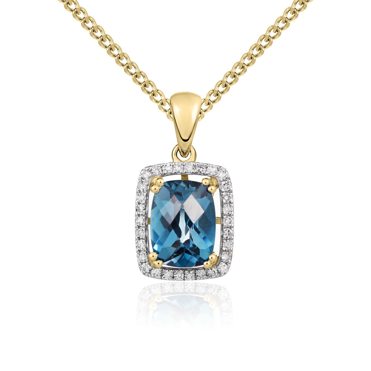 9ct Yellow Gold Cushion Natural London Blue Topaz & Diamond Cluster Pendant — 8x6mm
