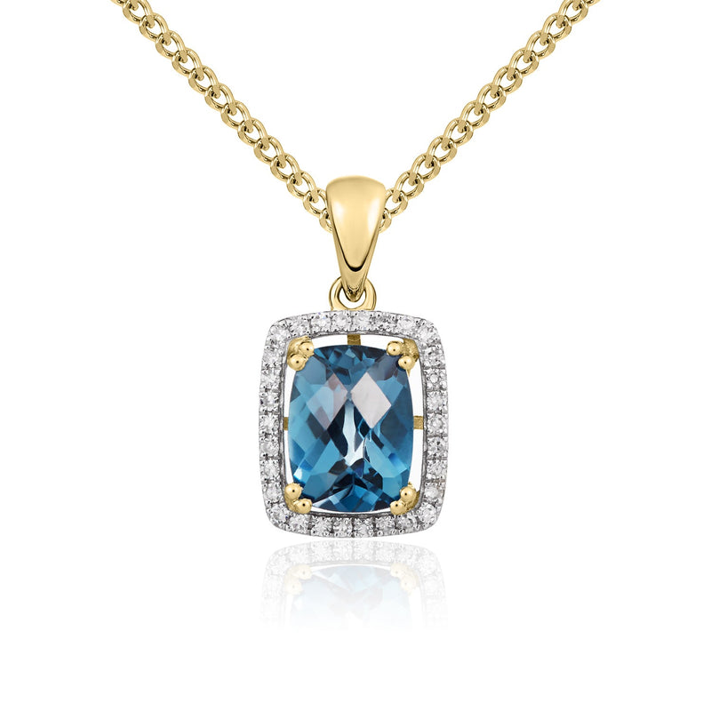 9ct Yellow Gold Cushion Natural London Blue Topaz & Diamond Cluster Pendant — 8x6mm