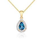 9ct Yellow Gold Pear Natural London Blue Topaz & Diamond Halo Cluster Pendant — 6x4mm