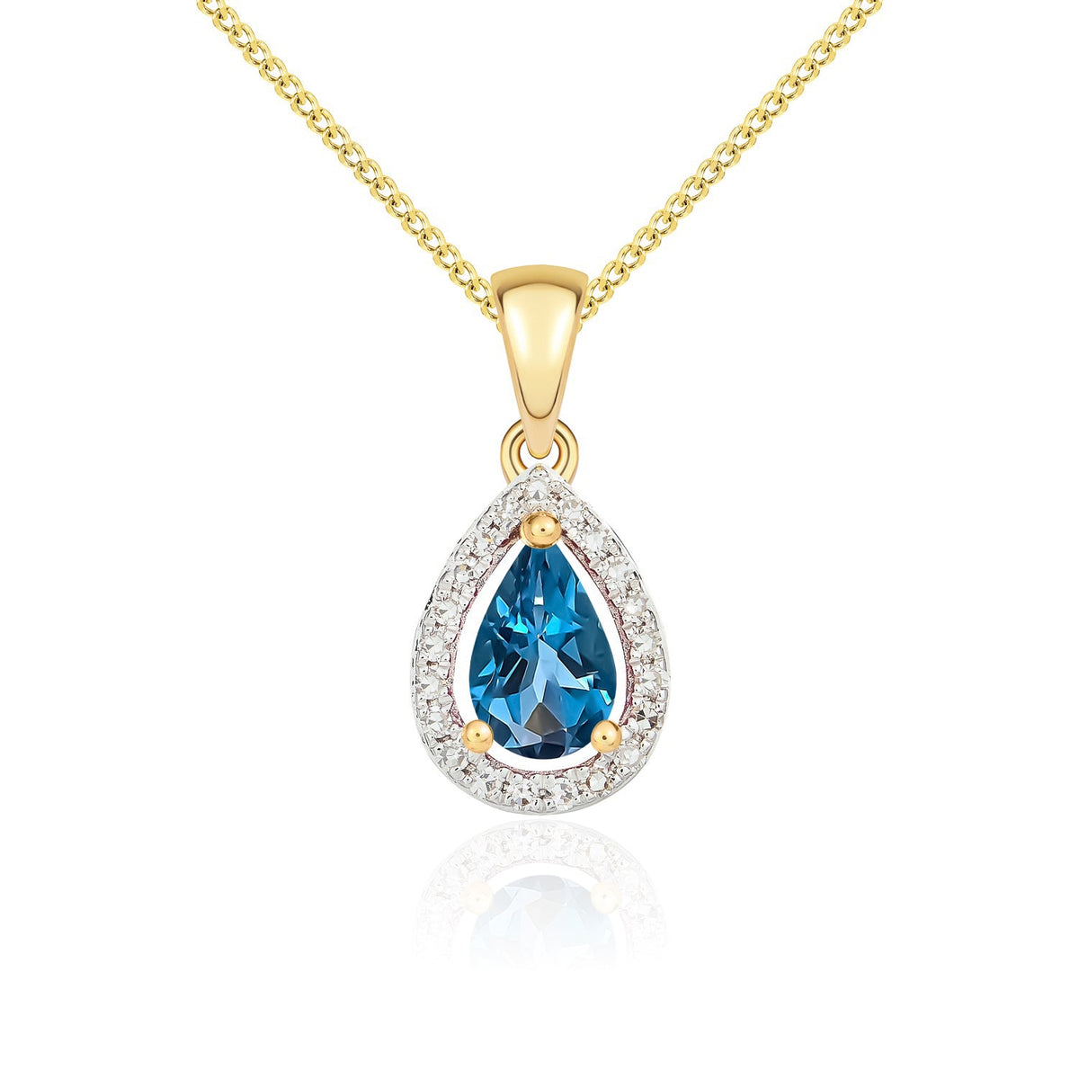 9ct Yellow Gold Pear Natural London Blue Topaz & Diamond Halo Cluster Pendant — 6x4mm