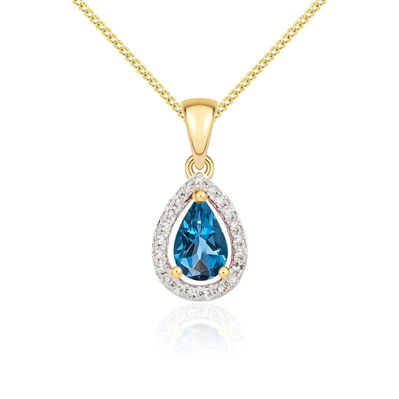 9ct Yellow Gold Pear Natural London Blue Topaz & Diamond Halo Cluster Pendant — 6x4mm