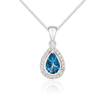 9ct White Gold Pear Natural London Blue Topaz & Diamond Halo Cluster Pendant — 6x4mm