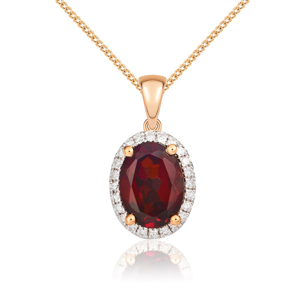 9ct Rose Gold Oval Natural Garnet & Diamond Claw Cluster Pendant — 8x6mm