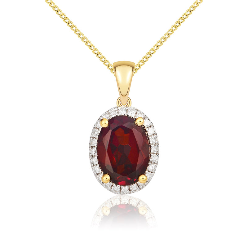 9ct Yellow Gold Oval Natural Garnet & Diamond Claw Cluster Pendant — 8x6mm