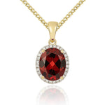9ct Yellow Gold Oval Natural Garnet & Diamond Claw Cluster Pendant — 10x8mm