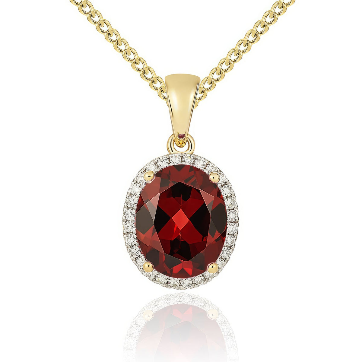 9ct Yellow Gold Oval Natural Garnet & Diamond Claw Cluster Pendant — 10x8mm