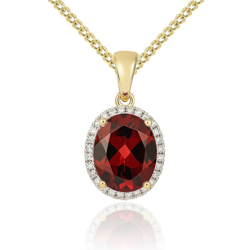 9ct Yellow Gold Oval Natural Garnet & Diamond Claw Cluster Pendant — 10x8mm