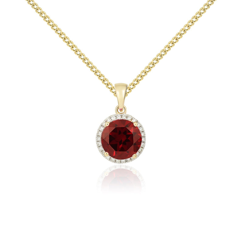 9ct Yellow Gold Round Natural Garnet & Diamond Claw Cluster Pendant — 8mm