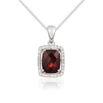 9ct White Gold Cushion Natural Garnet & Diamond Cluster Pendant — 8x6mm
