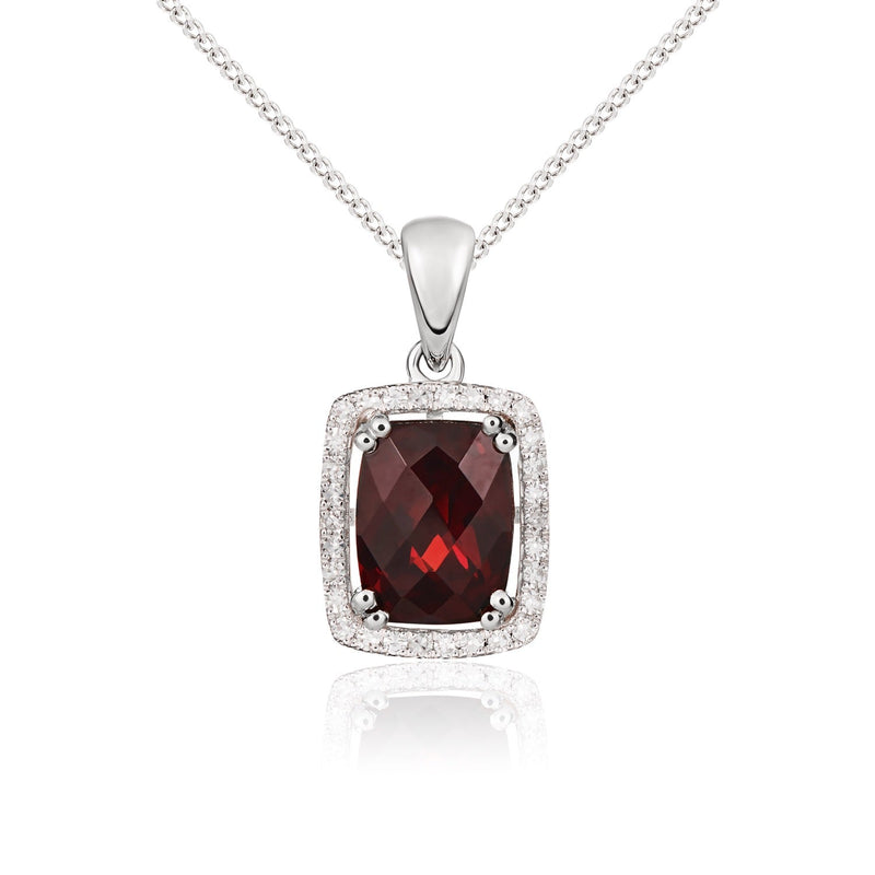 9ct White Gold Cushion Natural Garnet & Diamond Cluster Pendant — 8x6mm