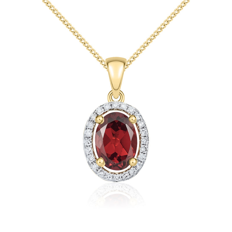 9ct Yellow Gold Oval Natural Garnet & Diamond Halo Cluster Pendant — 7x5mm