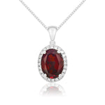 9ct White Gold Oval Natural Garnet & Diamond Claw Cluster Pendant — 8x6mm