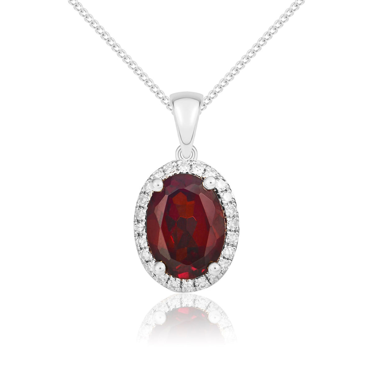 9ct White Gold Oval Natural Garnet & Diamond Claw Cluster Pendant — 8x6mm