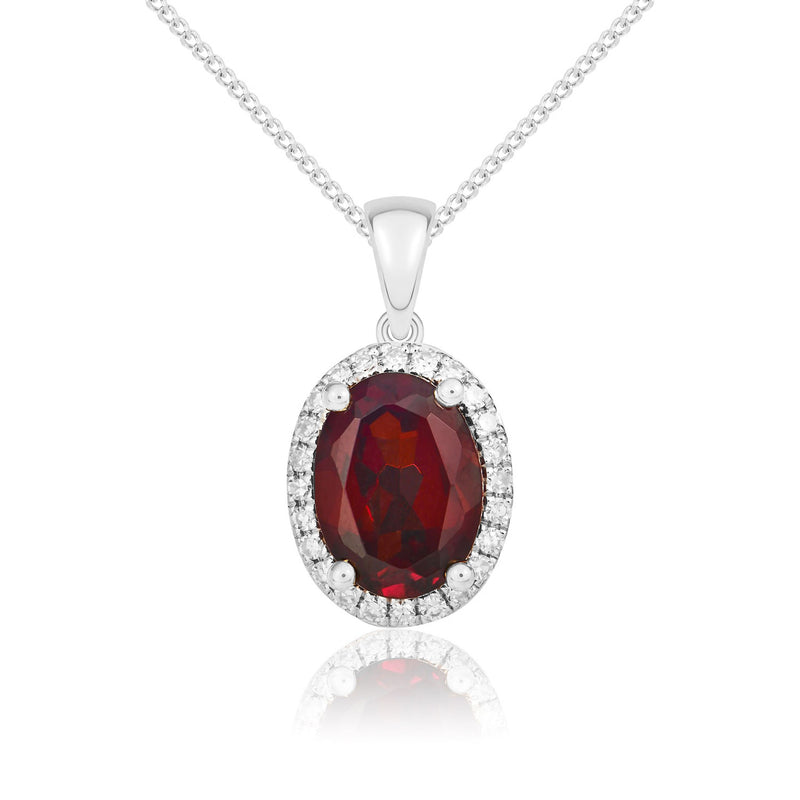 9ct White Gold Oval Natural Garnet & Diamond Claw Cluster Pendant — 8x6mm