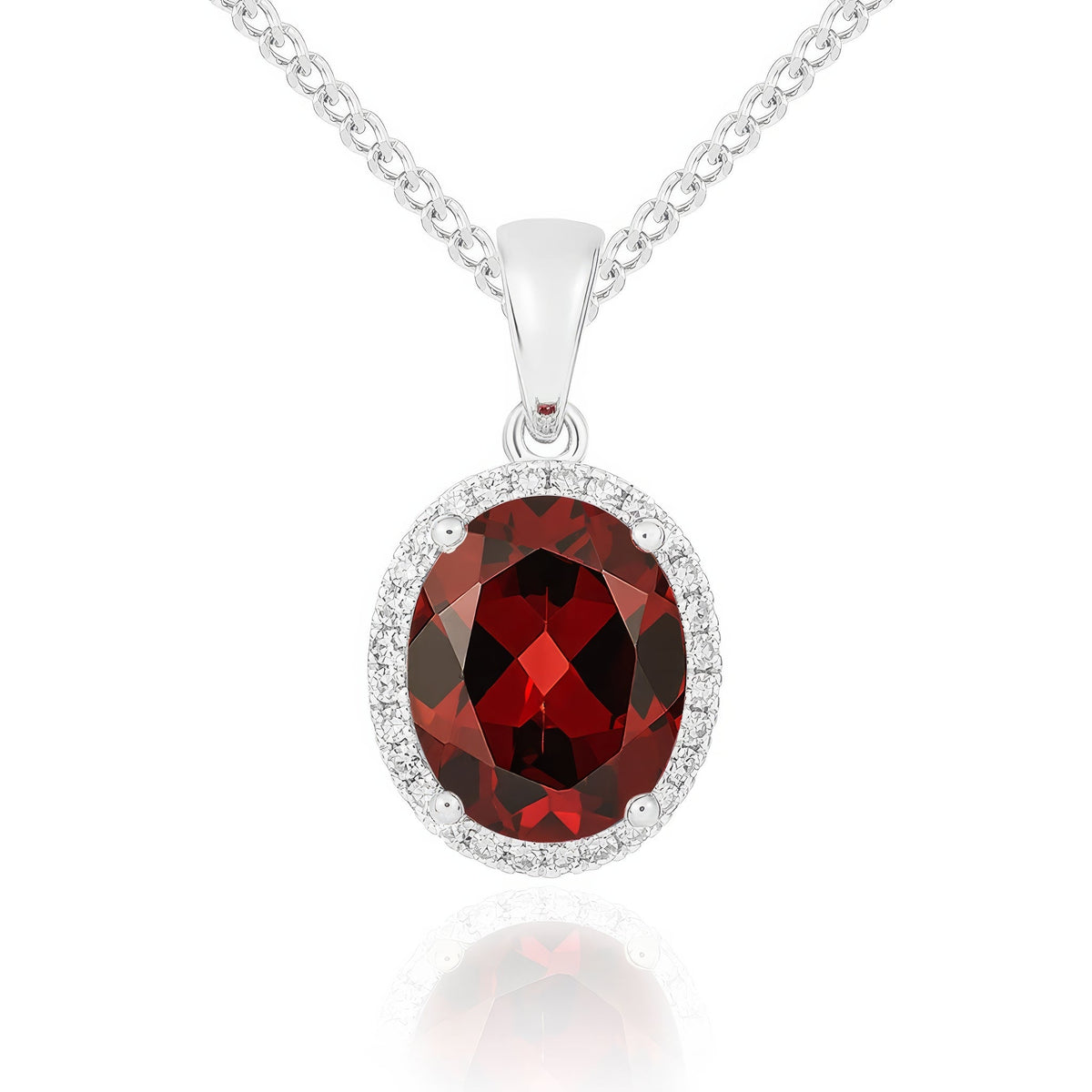 9ct White Gold Oval Natural Garnet & Diamond Claw Cluster Pendant — 10x8mm