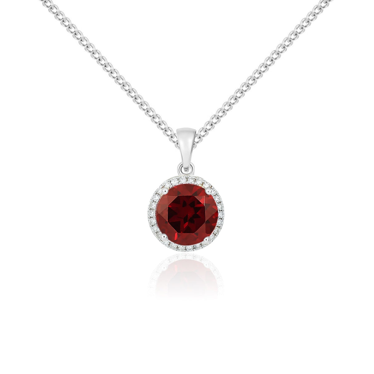 9ct White Gold Round Natural Garnet & Diamond Claw Cluster Pendant — 8mm
