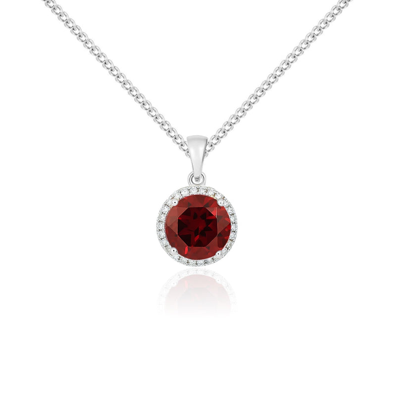 9ct White Gold Round Natural Garnet & Diamond Claw Cluster Pendant — 8mm