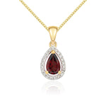 9ct Yellow Gold Pear Natural Garnet & Diamond Halo Cluster Pendant — 6x4mm