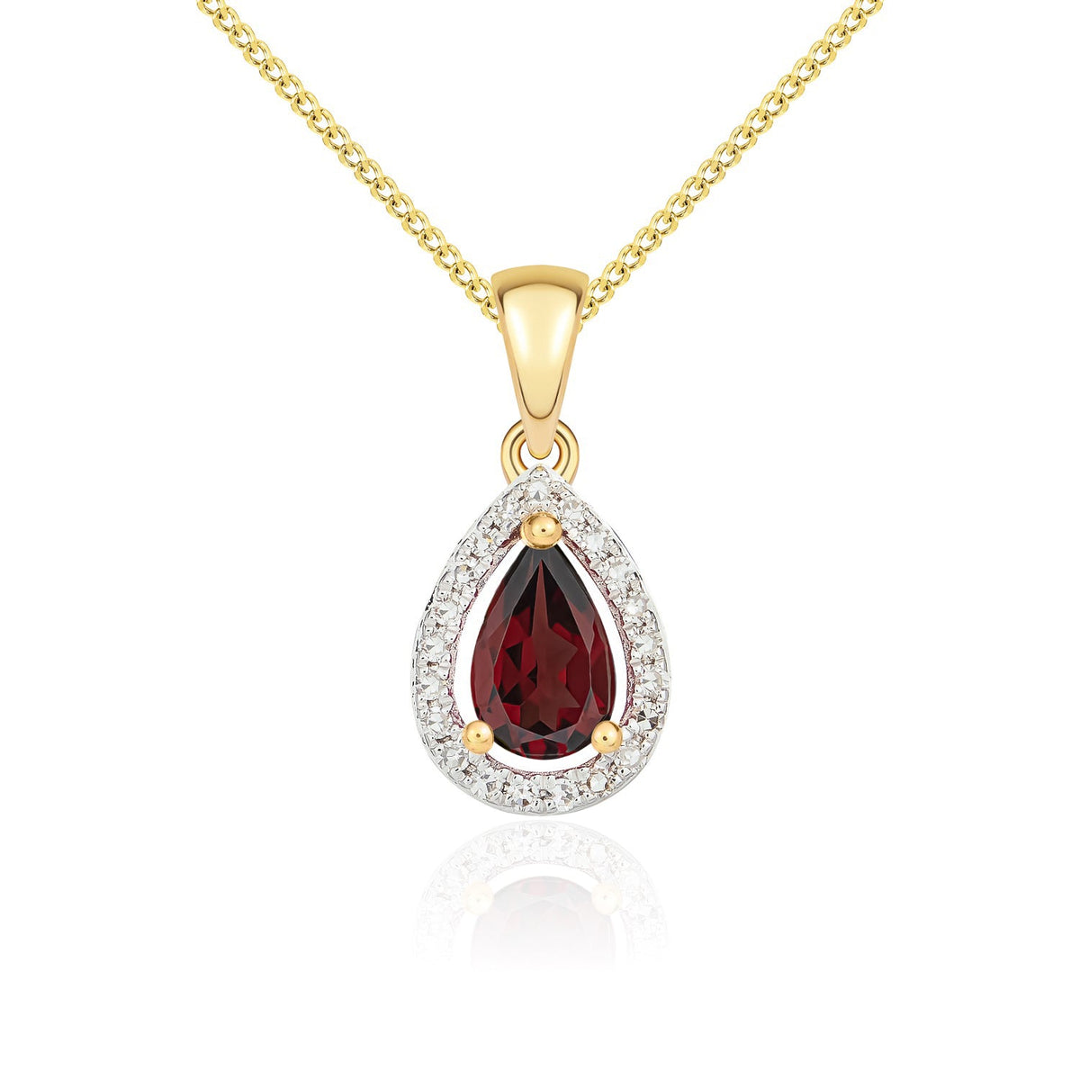 9ct Yellow Gold Pear Natural Garnet & Diamond Halo Cluster Pendant — 6x4mm