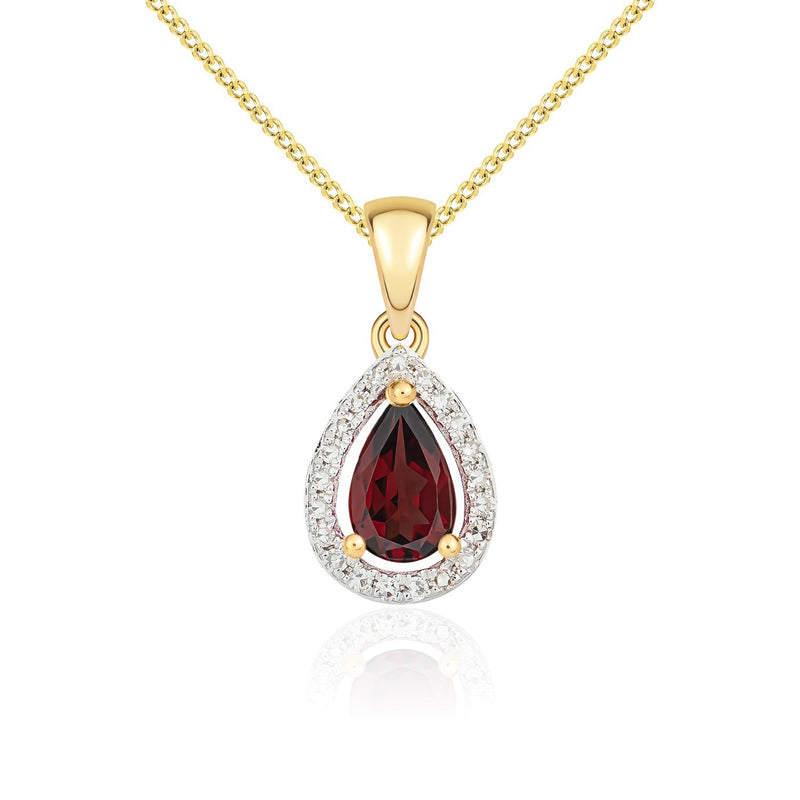 9ct Yellow Gold Pear Natural Garnet & Diamond Halo Cluster Pendant — 6x4mm