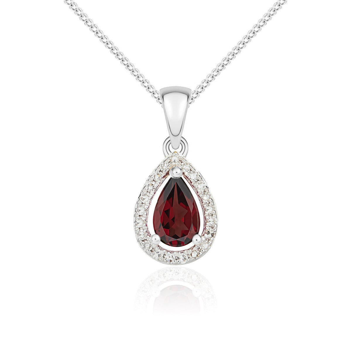 9ct White Gold Pear Natural Garnet & Diamond Halo Cluster Pendant — 6x4mm