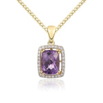 9ct Yellow Gold Cushion Natural Amethyst & Diamond Cluster Pendant — 8x6mm