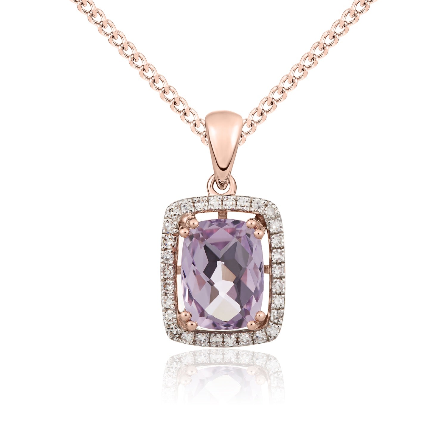 9ct Rose Gold Octagonal Cushion Cut Natural Pink Amethyst and Diamond Cluster Pendant — 8x6mm
